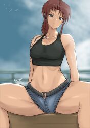 Rule 34 | 1girl, absurdres, black lagoon, breasts, brown eyes, brown hair, closed mouth, commentary request, crop top, cutoffs, denim, denim shorts, highres, kakujin, long hair, looking at viewer, medium breasts, midriff, navel, ponytail, revy (black lagoon), shorts, shoulder tattoo, solo, tank top, tattoo, thighs, tribal tattoo