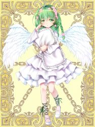 Rule 34 | 1girl, ahoge, angel, angel wings, anzu mochiko, braid, dress, feathers, flower, full body, green eyes, green hair, hair flower, hair ornament, hand up, holding, holding pillow, kerberos blade, long hair, long sleeves, looking at viewer, pillow, simple background, slippers, solo, white dress, white wings, wings, yellow background