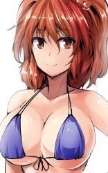 Rule 34 | 1girl, alternate costume, bikini, blue bikini, breasts, cleavage, closed mouth, collarbone, front-tie bikini top, front-tie top, hair bobbles, hair ornament, highres, large breasts, lips, looking at viewer, micro bikini, one-hour drawing challenge, onozuka komachi, red eyes, red hair, shiny skin, smile, solo, swimsuit, touhou, two side up, underboob, upper body, white background, y2
