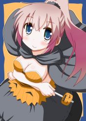 Rule 34 | 1girl, blue eyes, blush, breast hold, breasts, cape, cleavage, costume, from above, jack-o&#039;-lantern, long hair, megurine luka, minami (colorful palette), pink hair, ponytail, skirt, solo, vocaloid, wand