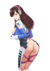 Rule 34 | 1girl, ass, blue bodysuit, blush, bodysuit, breasts, breasts out, brown eyes, brown hair, clothes writing, d.va (overwatch), dimples of venus, facial mark, from behind, gloves, grin, headgear, kneepits, leaning forward, lips, long hair, looking at viewer, looking back, medium breasts, mezzo (orbanga21), nipples, overwatch, overwatch 1, parted lips, pussy, pussy peek, revealing clothes, smile, solo, standing, teeth, thighs, undressing, whisker markings, white gloves
