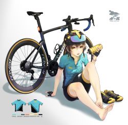 Rule 34 | 1girl, arm support, barefoot, bicycle, bike jersey, bike shorts, biker clothes, black footwear, blush, bottle, bracelet, breasts, brown hair, collarbone, english text, feet, fukukitaru, full body, gloves, goggles, goggles on headwear, gradient background, grey background, hand up, helmet, jewelry, knee up, knees apart feet together, legs, looking at viewer, medium breasts, multicolored footwear, open mouth, original, partially fingerless gloves, partially unzipped, shadow, shoes, unworn shoes, short hair, short sleeves, sitting, sneakers, soles, solo, sweat, sweatdrop, thighs, toes, white background, yellow eyes, yellow footwear