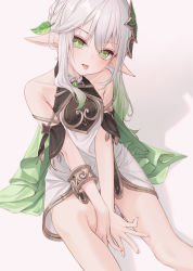 Rule 34 | 1girl, :p, absurdres, amaroku neko, bare shoulders, between legs, bracelet, brooch, cross-shaped pupils, dress, feet out of frame, genshin impact, gradient hair, green eyes, green hair, hand between legs, highres, jewelry, long hair, looking at viewer, multicolored hair, nahida (genshin impact), pointy ears, shadow, short dress, simple background, sitting, sleeveless, sleeveless dress, solo, symbol-shaped pupils, thighs, tongue, tongue out, two-tone hair, white background, white dress, white hair