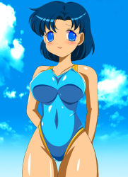 Rule 34 | 1990s (style), 1girl, bishoujo senshi sailor moon, blue eyes, blue hair, blue one-piece swimsuit, blue theme, blush, cloud, competition swimsuit, day, earrings, jewelry, matching hair/eyes, mizuno ami, one-piece swimsuit, pirochi, short hair, sky, solo, swimsuit, thigh gap, thighs