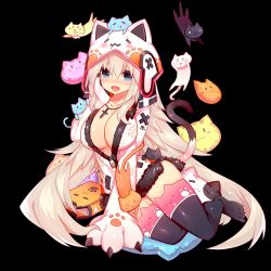 Rule 34 | 1girl, :3, = =, animal ear legwear, animal ears, animal hands, animal hood, arm support, astaroth (uchi no hime-sama), black cat, black thighhighs, blonde hair, blue eyes, blush, blush stickers, book, breasts, cat, cat ear legwear, cat ears, cat hood, cat tail, center opening, claws, cleavage, collarbone, cross, cross necklace, drooling, embarrassed, facing viewer, fake animal ears, flipped hair, full body, fur trim, gloves, hair between eyes, hair ribbon, hand on own cheek, hand on own face, hand up, hood, hoodie, huge breasts, jewelry, jumping, legs together, long hair, looking at viewer, mamuru, necklace, necktie, no bra, no shoes, nose blush, o o, official art, open mouth, paw gloves, paw print, raised eyebrows, ribbon, rosary, saliva, shiny skin, side slit, silver hair, sitting, smile, solo, surrounded, tail, thighhighs, thighs, transparent background, uchi no hime-sama ga ichiban kawaii, unzipped, very long hair, white cat, yokozuwari, zettai ryouiki, zipper, zipper pull tab
