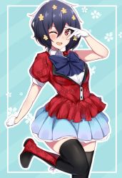 Rule 34 | 10s, 1girl, absurdres, black hair, black thighhighs, blue background, blue bow, blue skirt, boots, bow, dress, floral background, flower, gloves, hair between eyes, hair flower, hair ornament, highres, mizuno ai, multicolored footwear, nanakaku, red dress, red eyes, saga prefecture, short hair, skirt, solo, standing, standing on one leg, striped, striped background, thighhighs, v over eye, white gloves, zombie land saga