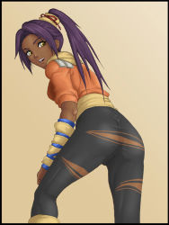 Rule 34 | 1girl, ass, bleach, cameltoe, dark-skinned female, dark skin, female focus, from behind, gradient background, leaning forward, long hair, looking back, ponytail, purple hair, shihouin yoruichi, solo, thor (deep rising), torn clothes, yellow eyes
