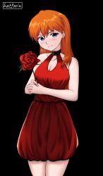 Rule 34 | 1girl, absurdres, artist name, bare shoulders, blue eyes, blush, breasts, cleavage, closed mouth, dark background, dress, flower, hattorin, highres, holding, holding flower, long hair, looking at viewer, medium breasts, neon genesis evangelion, orange hair, red dress, simple background, smile, solo, souryuu asuka langley, standing