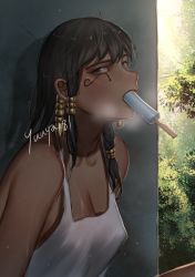 Rule 34 | 1girl, against wall, ahoge, alternate eye color, artist name, black hair, blue eyes, blue sky, braid, breasts, casual, collarbone, dark-skinned female, dark skin, eye of horus, facial mark, facial tattoo, food, food in mouth, hair tubes, hot, looking at viewer, looking to the side, medium hair, messy hair, mouth hold, no bra, outdoors, overwatch, overwatch 1, pharah (overwatch), popsicle, shirt, side braids, signature, sitting, sky, sleeveless, sleeveless shirt, small breasts, solo, sunlight, tank top, tattoo, tree, upper body, white shirt, yuuya181