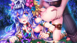 Rule 34 | 1boy, 1girl, armlet, ass grab, blue eyes, blue flower, blue hair, bracelet, braid, breasts, censored, doggystyle, flower, game cg, hair between eyes, hair flower, hair ornament, imminent penetration, iolite link, jewelry, long hair, mosaic censoring, nipples, official art, open mouth, penis, red flower, sana naweue, sex, sex from behind, shiny skin, small breasts, thigh strap, very long hair
