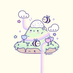 Rule 34 | :&gt;, :&lt;, animate object, becky cas, bee, blush, bug, chibi, cloud, cream, floating island, flower, flying, grass, highres, insect, original, rainbow, star (sky), surprised
