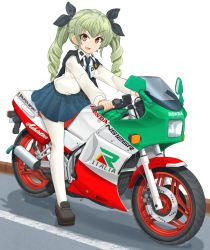 Rule 34 | 1girl, anchovy (girls und panzer), anzio school uniform, belt, black belt, black cape, black footwear, black necktie, black ribbon, black skirt, cape, commentary request, dress shirt, drill hair, emblem, flag print, full body, girls und panzer, green hair, hair ribbon, highres, honda, italian flag, italian text, loafers, logo, long hair, long sleeves, looking at viewer, mikeran (mikelan), miniskirt, motor vehicle, motorcycle, necktie, open mouth, pantyhose, partial commentary, pleated skirt, red eyes, ribbon, riding, school uniform, shadow, shirt, shoes, sitting, skirt, smile, solo, twin drills, twintails, v-shaped eyebrows, white background, white pantyhose, white shirt