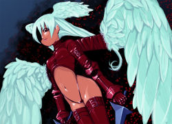 Rule 34 | 1girl, angel wings, blue hair, blush, boots, center cutout, doushimasho, dual wielding, dutch angle, female focus, final fantasy, final fantasy tactics, head wings, highleg, highleg leotard, holding, leotard, long hair, midriff, outdoors, red eyes, silver hair, solo, sword, thigh boots, thighhighs, ultima (fft), weapon, wings