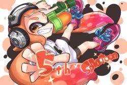 Rule 34 | 1girl, amakusa setoka, anniversary, artist name, bike shorts, black shorts, blunt bangs, commentary, copyright name, cross-laced footwear, english commentary, fang, floating, foreshortening, grin, headphones, holding, holding weapon, inkling, inkling girl, inkling player character, logo, long hair, looking at viewer, mixed-language commentary, nintendo, orange eyes, orange hair, pink footwear, reaching, reaching towards viewer, shirt, shoes, shorts, signature, single vertical stripe, smile, sneakers, solo, splatoon (series), splatoon 1, splattershot (splatoon), t-shirt, tentacle hair, weapon, white shirt
