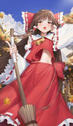 Rule 34 | 1girl, absurdres, ascot, autumn, autumn leaves, bare shoulders, blush, bow, broom, brown eyes, brown hair, day, detached sleeves, goback, hair bow, hair tubes, hakurei reimu, highres, holding, holding broom, japanese clothes, long hair, navel, nontraditional miko, open mouth, red bow, red skirt, ribbon-trimmed sleeves, ribbon trim, sidelocks, skirt, solo, touhou, white sleeves, wide sleeves, yellow ascot