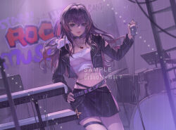 Rule 34 | 1girl, belt, black choker, black skirt, blue eyes, character request, choker, copyright request, cowboy shot, cropped jacket, drum, drum set, fengyin shici guozi, graffiti, hand on own hip, instrument, jacket, long hair, long sleeves, midriff, miniskirt, navel, open clothes, open jacket, parted lips, purple hair, sample watermark, skirt, smile, solo, standing, stomach, strapless, thigh strap, thighs, tube top, very long hair, watermark