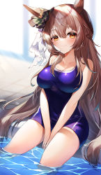 Rule 34 | 1girl, 40 (0f0urw), absurdres, animal ears, backlighting, blue one-piece swimsuit, blurry, blurry background, blush, breasts, brown hair, commentary request, hair between eyes, hair ornament, half updo, highres, horse ears, large breasts, looking at viewer, one-piece swimsuit, pool, satono diamond (umamusume), solo, swimsuit, thighs, umamusume, yellow eyes