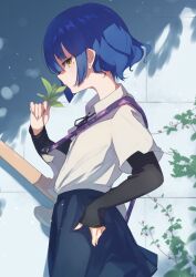 Rule 34 | 1girl, absurdres, adjusting neck ribbon, black ribbon, blue hair, blue skirt, bocchi the rock!, branch, collared shirt, commentary request, cowboy shot, day, earrings, electric guitar, from side, guitar, hand on own hip, hand up, highres, holding, holding branch, instrument, jewelry, long sleeves, looking at viewer, mole, mole under eye, outdoors, partial commentary, plant, profile, ribbon, shirt, shirt under shirt, short hair, short sleeves, skirt, sleeves past wrists, solo, standing, stone wall, stud earrings, sunlight, wall, white shirt, yakousei a, yamada ryo, yellow eyes