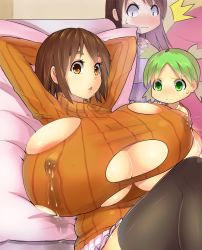 Rule 34 | 3girls, ^^^, arms behind head, arms up, ayase ena, ayase fuuka, black legwear, blush, breast awe, breast expansion, breasts, brown eyes, brown hair, bursting breasts, child, cleavage, worried, gigantic breasts, green eyes, green hair, indoors, koiwai yotsuba, lactation, lactation through clothes, long hair, looking at another, lying, magister, miniskirt, multiple girls, open mouth, quad tails, ribbed sweater, short hair, skindentation, skirt, surprised, sweatdrop, sweater, thighhighs, torn clothes, torn sweater, yotsubato!, zettai ryouiki