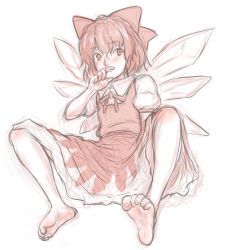 Rule 34 | 1girl, barefoot, blush, bow, cirno, dress, foot focus, hair bow, highres, ice, ice wings, kuro suto sukii, looking at viewer, puffy short sleeves, puffy sleeves, shirt, short sleeves, simple background, sitting, sketch, soles, solo, spread legs, toe scrunch, toes, touhou, white background, wings