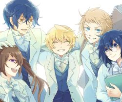 Rule 34 | 1girl, 4boys, alice (pandora hearts), black hair, black vest, blue eyes, bow, bowtie, brown hair, elliot nightray, formal, gilbert nightray, glasses, grin, hand on another&#039;s head, leo (pandora hearts), long hair, looking at viewer, multiple boys, open mouth, oz vessalius, pandora hearts, purple eyes, school uniform, short hair, smile, suit, twintails, vest, wavily, white background, white bow, white bowtie, white suit, yellow eyes
