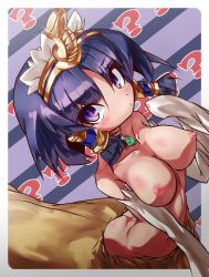 Rule 34 | 1girl, ?, a-tuy, breasts, centauroid, egyptian, female focus, futaba channel, gold, jewelry, monster girl, nijiura maids, nipples, parted bangs, purple eyes, solo, taur, topless, wings