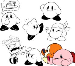 Rule 34 | bandana, bandana waddle dee, bug, butterfly, butterfly wings, cake, cake slice, fangs, food, hat, highres, holding, holding phone, imagining, insect, insect wings, jester cap, kirby, kirby (series), looking to the side, marx (kirby), multiple views, nintendo, no humans, one eye closed, open mouth, partially colored, phone, pom pom (clothes), smile, solid oval eyes, teevo, tongue, waddle dee, wings
