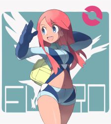 Rule 34 | 1girl, :d, alternate hairstyle, arms up, bag, blue eyes, blue gloves, blue shorts, breasts, character name, cowboy shot, creatures (company), dark-skinned female, dark skin, elbow gloves, game freak, gen 5 pokemon, gloves, gym leader, hair down, long hair, medium breasts, midriff, navel, nintendo, nomura (buroriidesu), official style, open mouth, pink hair, pokemon, pokemon (creature), pokemon bw, round teeth, short shorts, shorts, sidelocks, silhouette, skyla (pokemon), smile, solo, suspenders, swanna, teeth, thighs, two-tone background, upper teeth only