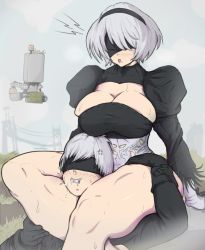 Rule 34 | 1boy, 1girl, asphyxiation, black blindfold, blindfold, drooling, feather-trimmed sleeves, femdom, floating, foaming at the mouth, fog, grey hair, headlock, highres, leg lock, mole, mole under mouth, muscular, muscular female, nier (series), nier:automata, pod (nier:automata), saliva, scissorhold, short hair, sitting, strangling, thick thighs, thighs, yoracrab, 2b (nier:automata), 9s (nier:automata)