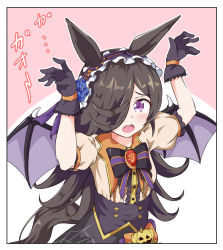 Rule 34 | 1girl, arms up, black gloves, black hair, black skirt, black wings, blue flower, blue rose, blush, bow, bowtie, brooch, claw pose, collared shirt, commentary, copan, demon wings, fangs, female focus, flower, frilled hairband, frills, frown, gloves, hair flower, hair ornament, hair over one eye, hairband, halloween, halloween costume, horse girl, horse tail, jack-o&#039;-lantern ornament, jewelry, long hair, looking at viewer, open mouth, puffy short sleeves, puffy sleeves, purple eyes, purple hairband, rice shower (make up vampire!) (umamusume), rice shower (umamusume), rose, shirt, short sleeves, skirt, solo, star (symbol), tail, translated, umamusume, upper body, white shirt, wings