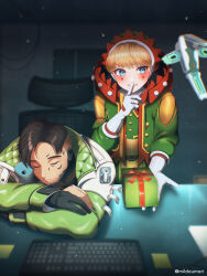 Rule 34 | absurdres, animification, apex legends, blue eyes, bow, brown hair, cable, chair, christmas, closed eyes, crypto (apex legends), finger to mouth, gift, gloves, green jacket, green shirt, grey gloves, hack (apex legends), highres, holding, holding stuffed toy, hood, hood down, hooded jacket, indoors, jacket, keyboard (computer), looking to the side, milmil7, nessie (respawn), non-humanoid robot, official alternate costume, parted lips, partially fingerless gloves, red bow, robot, shirt, shocking stuffer wattson, short hair, shushing, sitting, sleeping, smile, stuffed toy, twitter username, wattson (apex legends), window