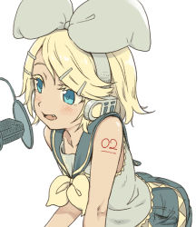 Rule 34 | 1girl, aqua eyes, bare shoulders, blonde hair, blouse, blush, broiler, commentary request, fang, hair ornament, hair ribbon, hairclip, headphones, headset, highres, kagamine rin, leaning forward, microphone, number tattoo, open mouth, ribbon, sailor collar, shirt, short hair, shorts, shoulder tattoo, simple background, sleeveless, sleeveless shirt, smile, solo, tattoo, vocaloid, white background