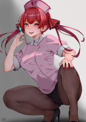 Rule 34 | 1girl, 32mtnext, absurdres, highres, hololive, houshou marine, looking at viewer, nail polish, nurse, open mouth, red eyes, red hair, short sleeves, smile, solo, twintails, virtual youtuber, yellow eyes