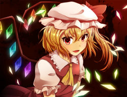 Rule 34 | 1girl, ascot, asymmetrical hair, blonde hair, flandre scarlet, hat, hat ribbon, looking at viewer, mob cap, momiya (sigeminn), open mouth, puffy short sleeves, puffy sleeves, red eyes, ribbon, short hair, short sleeves, side ponytail, simple background, skirt, skirt set, solo, touhou, upper body, wings