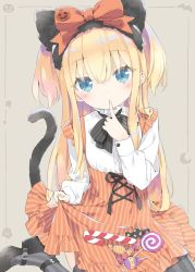Rule 34 | 1girl, animal ears, black bow, black footwear, blonde hair, blue eyes, blush, bow, candy, candy cane, candy wrapper, cat ears, cat girl, cat tail, commentary request, crescent, dress, dress shirt, fake animal ears, finger to mouth, food, grey background, grey pantyhose, hair between eyes, jack-o&#039;-lantern, kani biimu, lollipop, long hair, looking at viewer, orange bow, orange dress, original, pantyhose, parted lips, shimotsuki potofu, shirt, shoes, sitting, solo, star (symbol), striped bow, striped clothes, striped dress, striped pantyhose, swirl lollipop, tail, tail raised, two side up, vertical-striped clothes, vertical-striped dress, vertical-striped pantyhose, very long hair, wariza, white shirt