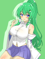 Rule 34 | 1girl, absurdres, adapted costume, alternate hairstyle, blue eyes, blue skirt, blush, closed mouth, collared shirt, commentary, frog hair ornament, green background, green hair, hair ornament, hair tubes, highres, kochiya sanae, long hair, looking at viewer, navel, ponytail, shirokumall, shirt, simple background, skirt, smile, snake hair ornament, solo, touhou, white shirt