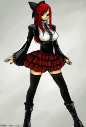 Rule 34 | 1girl, boots, breasts, costume, erza scarlet, fairy tail, female focus, goth fashion, gothic lolita, gradient background, large breasts, lolita fashion, long hair, miniskirt, red eyes, red hair, ribbon, skirt, smile, solo, thighhighs