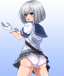 Rule 34 | 1girl, ass, blue background, blue eyes, carrying, clothes lift, cowboy shot, crotch seam, eyes visible through hair, from behind, frown, glove pull, gloves, gradient background, grey skirt, hair ornament, hair over one eye, hairclip, hamakaze (kancolle), highres, kantai collection, looking at viewer, looking back, miniskirt, motion lines, open mouth, panties, pleated skirt, school uniform, serafuku, short hair, silver hair, single horizontal stripe, skirt, skirt lift, solo, standing, underwear, wardrobe malfunction, white gloves, white panties, zanntetu
