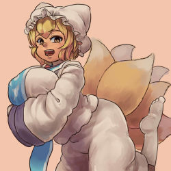 Rule 34 | 1girl, animal hat, blonde hair, breasts, brown eyes, chanta (ayatakaoisii), dress, fox tail, hands in opposite sleeves, hat, large breasts, long sleeves, looking at viewer, mob cap, multiple tails, open mouth, pink background, short hair, simple background, smile, socks, solo, tabard, tail, touhou, white dress, white hat, white socks, yakumo ran