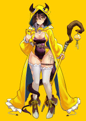 Rule 34 | 1girl, blush, book, breasts, brown hair, cleavage, cloak, commentary request, highres, hood, horns, kekemotsu, large breasts, long hair, long sleeves, looking at viewer, one-piece swimsuit, original, solo, staff, swimsuit, tail, thighhighs, yellow background, yellow eyes