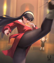 Rule 34 | 2girls, anya (spy x family), artist name, bare shoulders, black hair, black panties, black pantyhose, blush, commentary request, dress, earrings, fighting stance, gold earrings, hair between eyes, hairband, highres, incoming kick, jewelry, lips, long hair, looking at viewer, motion blur, motion lines, multiple girls, nail polish, off-shoulder dress, off shoulder, panties, panties under pantyhose, pantyhose, red dress, red eyes, red nails, shadow cat (yingmiao), short dress, signature, solo focus, spy x family, sweater, sweater dress, thighs, underwear, upskirt, white hairband, yor briar