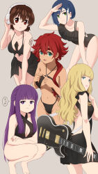 Rule 34 | 5girls, arm up, barefoot, between breasts, bikini, black bikini, black dress, black one-piece swimsuit, blonde hair, blue eyes, blue hair, blunt bangs, breasts, brown hair, carole &amp; tuesday, casual one-piece swimsuit, cellphone, closed mouth, commentary request, criss-cross halter, cropped legs, crossover, dark-skinned female, dark skin, darling in the franxx, dr. stone, dress, electric guitar, feet, fern (sousou no frieren), front-tie bikini top, front-tie top, green eyes, grey background, guitar, gundam, gundam suisei no majo, hair between eyes, hair ornament, hair over shoulder, hairclip, halterneck, headphones, highleg, highleg bikini, highres, ichigo (darling in the franxx), ichinose kana, index fingers together, instrument, laofuzi dai bansho, leaning forward, long hair, looking at viewer, low ponytail, medium breasts, multiple crossover, multiple girls, navel, o-ring, o-ring top, ogawa yuzuriha, one-piece swimsuit, parted lips, phone, pout, purple eyes, purple hair, purple pupils, red eyes, red hair, sarong, short eyebrows, short hair, sidelocks, simple background, smartphone, smile, sousou no frieren, speech bubble, split mouth, squatting, suletta mercury, swimsuit, teeth, thick eyebrows, toes, tuesday simmons, turning head, voice actor connection