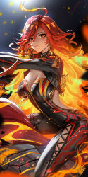 ahoge black_bikesuit breasts burning cleavage fiery_hair fire flamestrider_(genshin_impact) genshin_impact highres liang_xing mavuika_(genshin_impact) motor_vehicle orange_eyes riding sideways_glance zipper