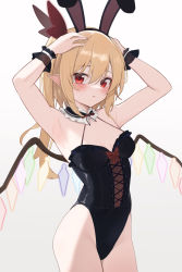 Rule 34 | 1girl, :t, absurdres, animal ears, armpits, arms up, black hairband, black leotard, blonde hair, blush, breasts, cleavage, closed mouth, cowboy shot, crystal, detached collar, fake animal ears, flandre scarlet, hairband, hands on own head, highres, leotard, ling huanxiang, long hair, looking at viewer, playboy bunny, pointy ears, ponytail, rabbit ears, red eyes, simple background, small breasts, touhou, white background, wings, wrist cuffs