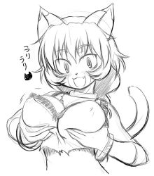 Rule 34 | .hack//, .hack//roots, 00s, 1girl, :3, animal ears, bandai, grabbing another&#039;s breast, breasts, cat ears, cat tail, cyber connect 2, fang, grabbing, greyscale, large breasts, monochrome, short hair, solo, tabby, tabby (.hack//), tabby (.hack//g.u.), tail, translation request