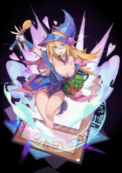 Rule 34 | 1girl, bare shoulders, between legs, blonde hair, blue hat, blush, blush stickers, closed mouth, collarbone, dark magician girl, duel monster, fingernails, green eyes, grey background, hair between eyes, hat, heart, highres, holding, holding wand, kneeling, long hair, looking at viewer, magic circle, off shoulder, pentagram, pot, pot of greed, red cucumber, shiny skin, simple background, smile, solo, tongue, tongue out, wand, yu-gi-oh!