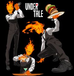 Rule 34 | 1boy, absurdres, arm support, bartender, black-framed eyewear, black bow, black bowtie, black footwear, black pants, black vest, bow, bowtie, burger, burning, buttons, cel shading, cocktail glass, cocktail shaker, collared shirt, commentary, copyright name, cup, drinking glass, fire, food, formal, full body, glasses, grillby, highres, holding, holding plate, holding shaker, kamezaemon, long sleeves, male focus, multiple views, no mouth, no nose, pants, plate, shirt, shoes, squatting, undertale, uniform, upper body, vest, white shirt