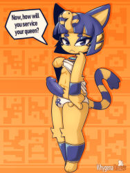 Rule 34 | 1boy, :&lt;, animal crossing, animal ears, animal hands, ankha (animal crossing), blue eyes, blue hair, bracelet, bulge, cat ears, cat tail, clothes lift, egyptian, erection, eyebrows, eyeshadow, furry, genderswap, genderswap (ftm), half-closed eyes, highres, jewelry, large penis, looking at viewer, makeup, male focus, navel, nintendo, orange background, panties, penis, penis in panties, presenting, shirt lift, simple background, solo, speech bubble, standing, tail, thick thighs, thighs, thong, trap, uncensored, underwear, whygena