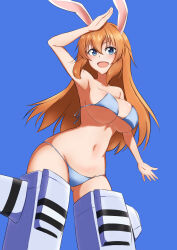 Rule 34 | 1girl, absurdres, animal ears, bikini, blue background, blue eyes, blush, breasts, charlotte e. yeager, cleavage, highres, large breasts, long hair, looking at viewer, navel, open mouth, orange hair, rabbit ears, simple background, smile, solo, strike witches, striker unit, swimsuit, t-8000, white bikini, world witches series
