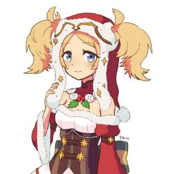 Rule 34 | 1girl, blonde hair, blue eyes, christmas, dress, fire emblem, fire emblem awakening, fire emblem heroes, fur trim, hat, lissa (fire emblem), lissa (winter) (fire emblem), long sleeves, looking at viewer, miuta, nintendo, official alternate costume, santa hat, smile, solo, twintails, upper body, white background, wide sleeves